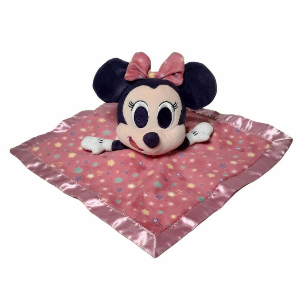 Disney Minnie Mouse Baby Lovey Security Blanket Pink Satin Trim Stars Rattle